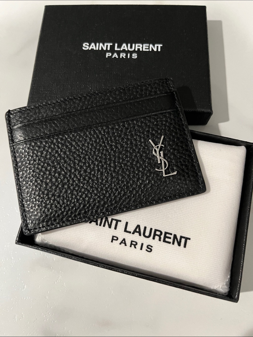 Saint Laurent Black Pebbled Leather Card holder with Silver YSL Logo